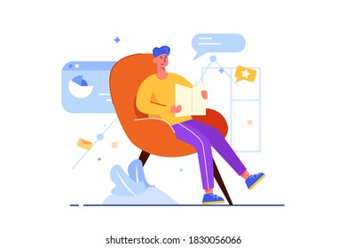 Man sitting on armchair and reading newspaper article in flat style