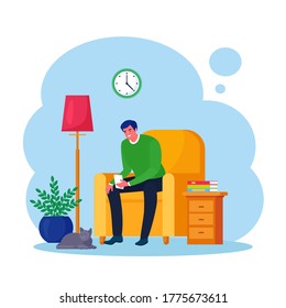 Man sitting on armchair and use smartphone. Businessman relaxing with cat, chatting with mobile phone. Character stay at home. Internet communication, online activity in social media. Vector design