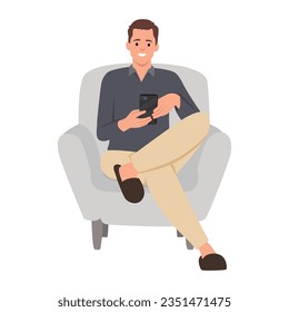 Man sitting on armchair and watching video on smartphone. Flat vector illustration isolated on white background