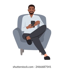 Man sitting on armchair and watching video on smartphone. Flat vector illustration isolated on white background