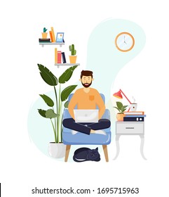 Man sitting on an armchair and working on the computer in a living room with a cute pet. Vector illustration. Home office