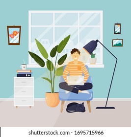 Man sitting on an armchair and working on the computer in a living room with a cute pet. Vector illustration. Freelance and working at home concept. Interior and apartments deisgn. Home office