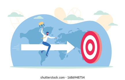 Man Sitting on Arrow Flying into Target Flat Cartoon Vector Illustration. Office Worker with Briefcase Achieving Success, Setting Goal. Businessman in Formal Clothing. Objective Accomplishment.