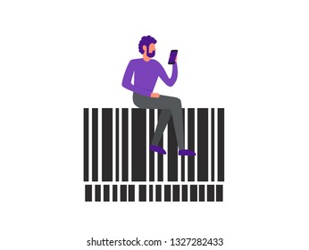 The man sitting on Bar or QR Code. Related Vector Line Icons for smartphone scanning, identification product in shop, scan data with using. Flat design style. Vector illustration.