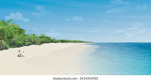Man sitting on the beach with his dog  vector illustration. Travel with pet concept cartoon flat design.