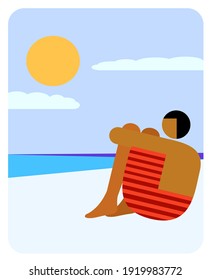 Mann sitzt auf Strand Ikone Vektorgrafik.
