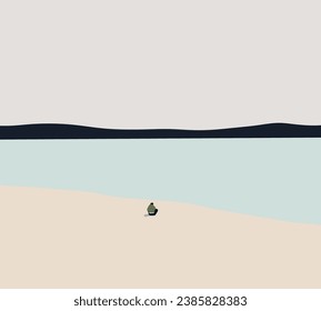 
Man sitting on the beach looking at ocean view during holiday vacation. Thinking and relaxing concept. Minimal lifestyle.
