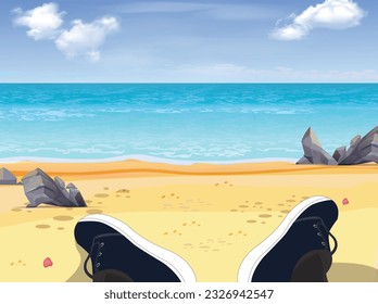 Ein Mann sitzt auf einem Strand, Himmel und Sonne auf Meereshintergrund, Ozean und Strand Vektorgrafik Insel Landschaft leere Wohnung Art. Ozean oder Meerwasser mit Wellen und Wolken in Himmel, Sommerblauer Jahreszeit mit bewölktem Himmel
