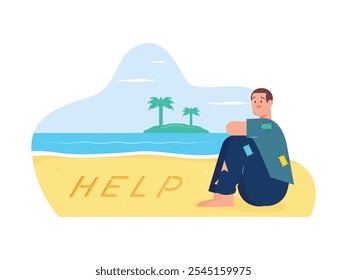 Man sitting on the beach with the words help waiting for rescue, survive when lost on the island. Character design. Vector flat illustration