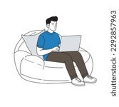 A man is sitting on a bean bag chair with a laptop using internet for work flat line art.