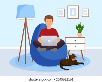 Man is sitting on a bean bag chair at home at a laptop computer. Remote work, office at home, programming, freelance. Study at home in quarantine. Vector illustration. Cozy interior with a cat.