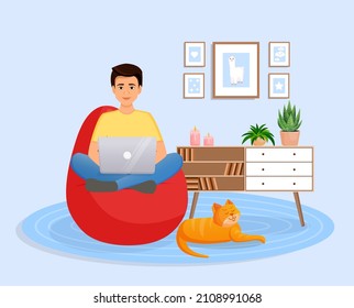 Man is sitting on a bean bag chair at home at a laptop computer. Remote work, office at home, programming, freelance. Study at home in quarantine. Vector illustration. Cozy interior with a cat