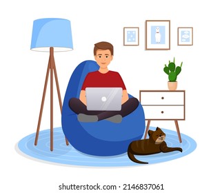 Man is sitting on a bean bag chair at home at a laptop computer. Remote work, office at home, programming, freelance. Study at home in quarantine. Vector illustration. Cozy interior with a cat.