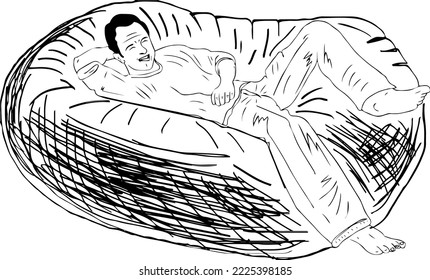 Man Sitting on Bean Bag Vector illustration, man lying on bean bag sketch drawing, Man sitting on bean bag chair indoor clip art and symbol