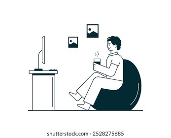 Hombre sentado en bolsa de frijoles, bebiendo café mientras disfruta de la película en la computadora. Diseño de personajes. Ilustración plana de Vector