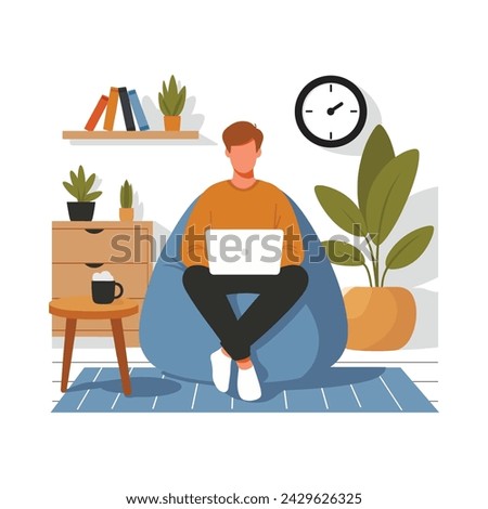 A man is sitting on a bean bag chair with a laptop for work. flat illustration. Flat vector graphic