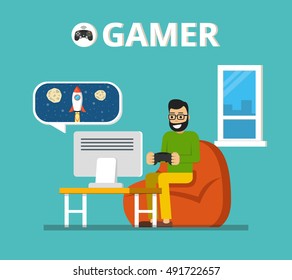 Man sitting on beanbag holds the gamepad and playing video games. Gamer concept. Flat vector illustration.
