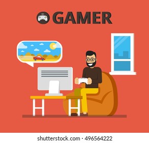 Man sitting on beanbag holds the gamepad and playing video games. Gamer concept. Flat vector illustration.