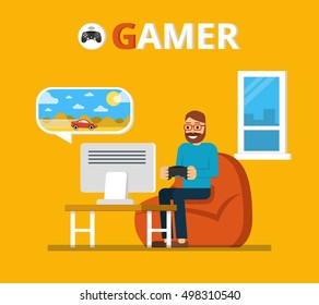Man sitting on beanbag holds the gamepad and playing video games. Gamer concept. Flat vector illustration.
