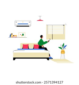 Man Sitting On A Bed Controlling Smart Home Devices With A Remote In Flat Vector Illustration Symbolizing Home Automation, Technology, And Modern Living, Isolated On White Background.