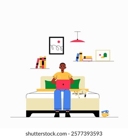 Man Sitting On Bed With Laptop In Cozy Bedroom Interior In Flat Vector Illustration Symbolizing Remote Work, Comfort, And Modern Lifestyle, Isolated On White Background.