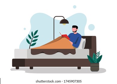 Man Sitting on The Bed Reading a Book, with Night Lamp, Modern Flat Illustration