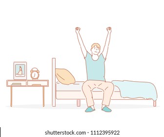 The Man Is Sitting On The Bed And Turning On The Stretch. Hand Drawn Style Vector Doodle Design Illustrations.