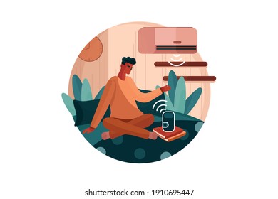 Man sitting on the bed using the Air conditioner and clock-controlled by speaker voice. Flat illustration isolated on white background.