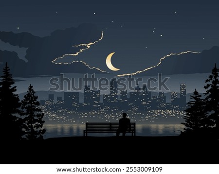 A man sitting on a bench alone at night looking at the city
