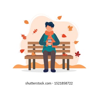 Man sitting on bench in autumn with coffee. Vector illustration in flat style