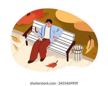 Man sitting on bench in autumn park, enjoying fall, looking up at falling leaves. Person relaxing in nature, resting outdoors, leisure time. Flat vector illustration isolated on white background