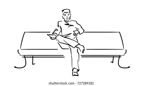 A man sitting on a bench black and white vector sketch. Man sits with his leg crossed and stretches out one's hand. Rest in the park. Isolated drawing at white background