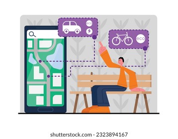 Man sitting on bench and choosing transport online on smartphone. Using urban eco-friendly transport. Reducing world energy consumption. Usage of green vehicles. Contemporary vehicle rental services.