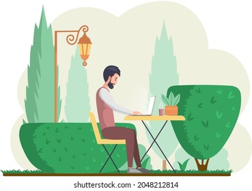 Man sitting on bench in city park and working with laptop. Freelancer works in street cafe. Student with tablet pc studies remotely. Guy spends time outdoors. Male character with computer communicates