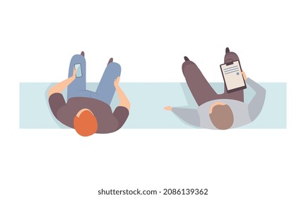 Man Sitting on Bench with Clip Board and Smartphone Top View Vector Illustration