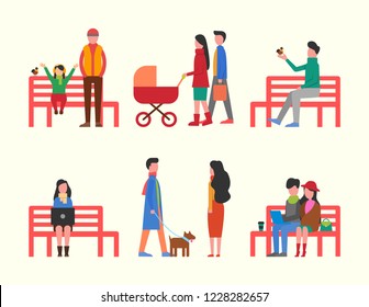 Man sitting on bench, couple and family walking together vector. Woman working on laptop, people walking pet dog on leash. Father and mother with pram