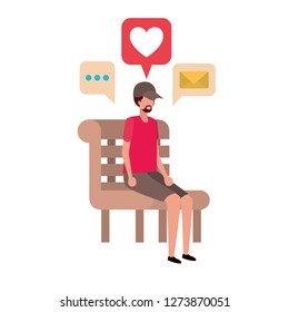 man sitting on bench with dialogue bubble