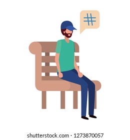 man sitting on bench with dialogue bubble