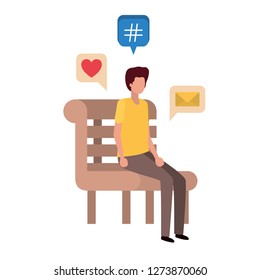 man sitting on bench with dialogue bubble