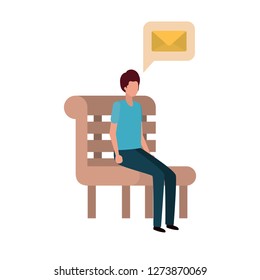 man sitting on bench with dialogue bubble