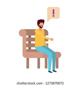 man sitting on bench with dialogue bubble