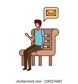 man sitting on bench with dialogue bubble