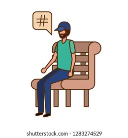 man sitting on bench with dialogue bubble