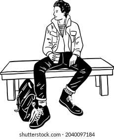 Man sitting on bench drink hot coffee People lifestyle in park Hand drawn line art illustration