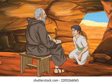 A man sitting on a bench in front of a boy sitting in a cave