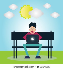 Man sitting on bench in garden on sunny day using laptop surfing the internet flat design vector