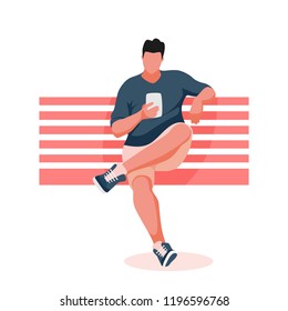 Man sitting on bench. Guy uses mobile phone. Vector Illustration