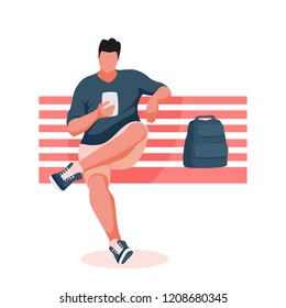 Man sitting on bench. Guy uses mobile phone. Vector Illustration