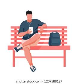 Man sitting on bench. Guy listening music. Vector Illustration