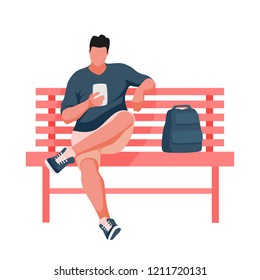 Man sitting on bench. Guy uses mobile phone. Vector Illustration